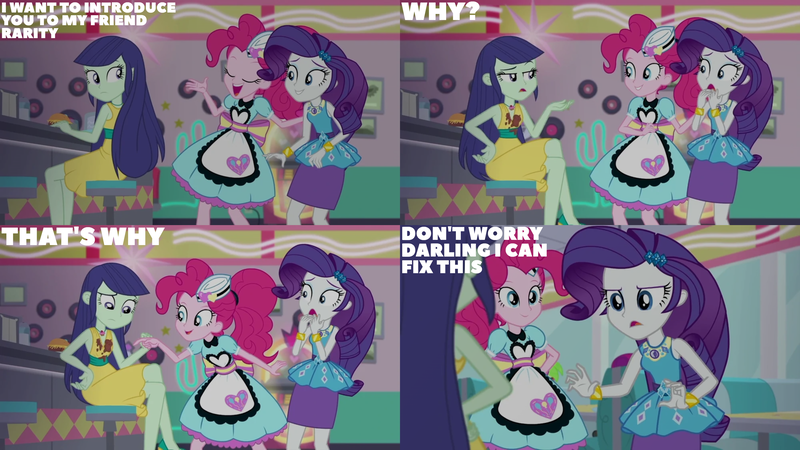 Size: 4400x2475 | Tagged: safe, derpibooru import, edit, edited screencap, editor:quoterific, screencap, blueberry cake, pinkie pie, rarity, equestria girls, equestria girls series, pinkie pie: snack psychic, image, png