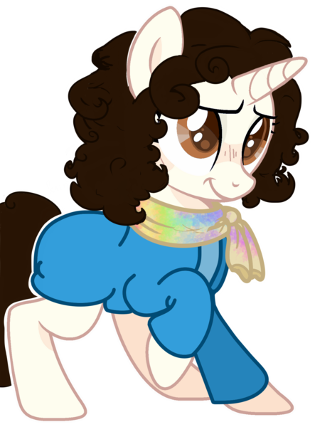 Size: 1280x1732 | Tagged: source needed, safe, artist:taeko, derpibooru import, ponified, pony, unicorn, 2021, base used, brown eyes, clothes, curly mane, curly tail, derpibooru exclusive, father brown (tv), female, image, jacket, looking offscreen, outline, penelope "bunty" windermere, png, raised hoof, scarf, shirt, simple background, smiling, solo, tail, transparent background, white outline