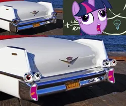 Size: 640x540 | Tagged: safe, derpibooru import, edit, edited screencap, screencap, twilight sparkle, twilight sparkle (alicorn), alicorn, pony, best gift ever, 1950s, cadillac, caption, car, chalkboard, comparison, cursed image, derp, faic, female, image, image macro, irl, license plate, mare, meme, not salmon, open mouth, photo, png, pudding face, solo, text, trollface, twilight sparkle is best facemaker, twilynanas, wat, why, wtf