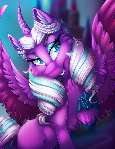 Size: 2550x3300 | Tagged: safe, artist:mychelle, derpibooru import, opaline, alicorn, pony, my little pony: make your mark, spoiler:g5, spoiler:my little pony: make your mark, curved horn, eyebrows, eyeshadow, female, g5, grin, high res, horn, image, looking at you, makeup, mare, png, raised hoof, signature, smiling, smiling at you, spread wings, watermark, wings