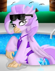 Size: 3000x3885 | Tagged: safe, artist:princessmoonsilver, derpibooru import, oc, oc:coral whirlwind, classical hippogriff, hippogriff, clothes, drink, drinking straw, hippogriff oc, image, jpeg, solo, sunglasses, swimming pool, swimsuit