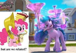 Size: 1046x726 | Tagged: safe, derpibooru import, screencap, izzy moonbow, pinkie pie, pony, my little pony: make your mark, my little pony: make your mark chapter 2, spoiler:g5, spoiler:my little pony: make your mark, spoiler:my little pony: make your mark chapter 2, coincidence i think not, g4, g5, have you seen this dragon?, image, male, png, reference to another series, solo, solo male