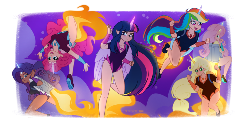 Size: 2180x1141 | Tagged: safe, artist:azuventum, derpibooru import, applejack, fluttershy, pinkie pie, rainbow dash, rarity, twilight sparkle, twilight sparkle (alicorn), alicorn, human, alicornified, applecorn, clothes, fluttercorn, grin, happy, humanized, image, jetpack, leotard, mane six, night, night sky, pinkiecorn, png, pointed ears, race swap, rainbowcorn, raricorn, sky, smiling, stars, winged humanization, wings, xk-class end-of-the-world scenario