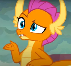 Size: 830x775 | Tagged: safe, derpibooru import, screencap, smolder, dragon, sweet and smoky, confused, cropped, dragoness, female, image, png, raised eyebrow, solo