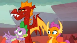 Size: 1600x898 | Tagged: safe, derpibooru import, screencap, garble, smolder, spike, dragon, sweet and smoky, brother and sister, dragoness, female, flying, image, male, png, siblings, trio, winged spike, wings