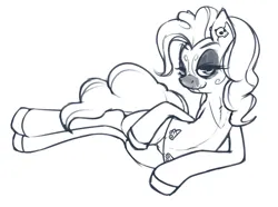 Size: 1280x952 | Tagged: suggestive, artist:ultrahurtman, derpibooru import, pinkie pie, earth pony, pony, bedroom eyes, clothes, ear piercing, female, grayscale, hooves, image, looking at you, lying down, mare, monochrome, panties, piercing, png, side, simple background, smiling, solo, solo female, sugar skull, tattoo, underwear, white background, wip