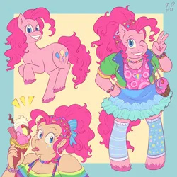 Size: 2000x2000 | Tagged: safe, artist:tashidelashi, derpibooru import, pinkie pie, anthro, human, pony, unguligrade anthro, beads, bow, bracelet, cutie mark on human, ear piercing, earring, female, food, hair bow, humanized, ice cream, image, jewelry, jpeg, mare, necklace, one eye closed, peace sign, piercing, ponytail, purse, smiling, tongue out, unshorn fetlocks, wink