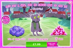 Size: 1958x1295 | Tagged: safe, derpibooru import, idw, official, unnamed character, diamond dog, advertisement, choker, clothes, collar, costs real money, dog collar, english, gameloft, gem, green eyes, idw showified, image, jpeg, magic coins, male, pocket, sale, saw, solo, solo focus, text, vest