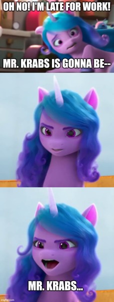 Size: 500x1316 | Tagged: safe, derpibooru import, edit, edited screencap, screencap, izzy moonbow, pony, unicorn, my little pony: make your mark, my little pony: make your mark chapter 2, spoiler:my little pony: make your mark, spoiler:my little pony: make your mark chapter 2, comic, g5, image, implied mr krabs, jpeg, screencap comic, spongebob squarepants, the cutie mark mix-up, the spongebob squarepants movie