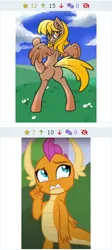 Size: 246x547 | Tagged: safe, artist:ultrahurtman, derpibooru import, edit, screencap, smolder, oc, oc:honey dip, dragon, pegasus, derpibooru, twibooru, father knows beast, bipedal, butt, image, juxtaposition, looking up, meta, plot, png