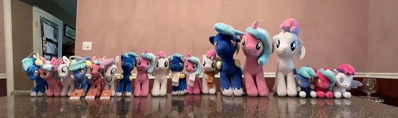 Size: 4325x1287 | Tagged: safe, derpibooru import, oc, oc:blank canvas, oc:hoof beatz, oc:mane event, bronycon, image, jpeg, photo, plushie