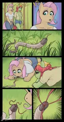 Size: 1130x2147 | Tagged: safe, artist:doggomeatball, derpibooru import, fluttershy, tree hugger, anthro, earth pony, pegasus, tatzlwurm, worm, bedroom eyes, belly button, breasts, busty fluttershy, busty tree hugger, clothes, comic, digital art, duo, female, image, pants, png, shirt, shorts, tail, this will not end well
