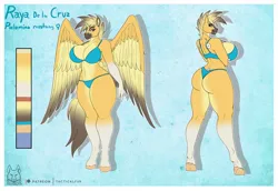 Size: 1280x882 | Tagged: suggestive, artist:thedrunkcoyote, derpibooru import, oc, oc:raya de la cruz, unofficial characters only, anthro, unguligrade anthro, ass, bedroom eyes, belly button, big breasts, bikini, breasts, butt, clothes, commission, digital art, female, horn, image, jpeg, looking at you, rear view, reference sheet, sideboob, solo, spread wings, swimsuit, tail, thighs, wide hips, wings