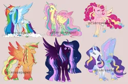 Size: 1280x841 | Tagged: safe, artist:primrosepaper, derpibooru import, applejack, fluttershy, pinkie pie, rainbow dash, rarity, twilight sparkle, alicorn, alicornified, alternate hairstyle, applecorn, butterfly wings, dark twilight sparkle, depressed, fluttercorn, image, mane six, pinkiecorn, png, race swap, rainbow dash is not amused, rainbowcorn, raricorn, sad, story included, unamused, unshorn fetlocks, watermark, wings, xk-class end-of-the-world scenario