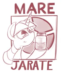 Size: 743x886 | Tagged: safe, artist:applepost67, derpibooru import, twilight sparkle, pony, unicorn, bust, female, hoof hold, image, jar, jarate, mare, monochrome, pee in container, png, simple background, smiling, solo, team fortress 2, text, twilight sniper, urine, white background