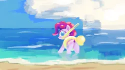 Size: 1080x608 | Tagged: safe, derpibooru import, pinkie pie, earth pony, pony, beach, butt, cloud, hat, image, inflatable, looking at you, ocean, plot, png, sky, snorkel, solo, swimming, swimming cap, water