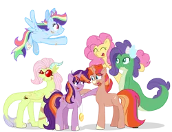 Size: 2884x2211 | Tagged: safe, artist:lindasaurie, derpibooru import, li'l cheese, oc, oc:droplet, oc:ethan, oc:nebula trail, oc:sneaky stripes, oc:stellar supernova, dracony, earth pony, hybrid, pegasus, unicorn, the last problem, eye clipping through hair, female, flying, group, high res, image, interspecies offspring, male, next generation, offspring, parent:discord, parent:fluttershy, parent:rainbow dash, parent:rarity, parent:soarin', parent:spike, parent:sunburst, parent:twilight sparkle, parents:discoshy, parents:soarindash, parents:sparity, parents:twiburst, png, siblings, simple background, transparent background