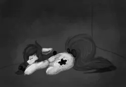 Size: 2048x1423 | Tagged: safe, artist:mscolorsplash, derpibooru import, oc, oc:color splash, unofficial characters only, pegasus, pony, floppy ears, grayscale, image, jpeg, lying down, monochrome, prone, solo