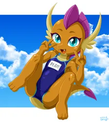 Size: 1718x1928 | Tagged: safe, artist:uotapo, paywalled source, smolder, dragon, clothes, cute, female, image, jpeg, open mouth, patreon exclusive, smolderbetes, solo, swimsuit