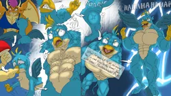 Size: 2560x1440 | Tagged: suggestive, artist:skyblue2005, derpibooru import, gallus, smolder, anthro, dragon, gryphon, gallifts, growth, image, muscle expansion, muscle growth, muscles, png, swolder