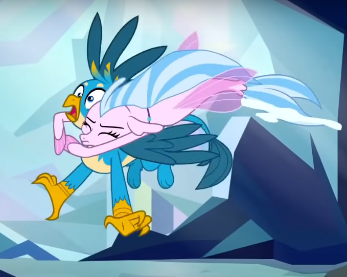 Size: 679x541 | Tagged: safe, derpibooru import, screencap, gallus, silverstream, gryphon, seapony (g4), what lies beneath, cropped, duo, female, image, male, png, seapony silverstream, silverstream hugs gallus, tackle hug