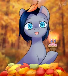 Size: 972x1086 | Tagged: safe, alternate version, artist:megabait, derpibooru import, oc, oc:lina, unofficial characters only, earth pony, :p, autumn, blue eyes, forest, image, leaves, leaves in hair, png, short hair, tongue out, tree