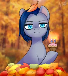 Size: 972x1086 | Tagged: safe, artist:megabait, derpibooru import, oc, oc:lina, unofficial characters only, earth pony, autumn, birthday, blue eyes, bobcut, cake, food, forest, frown, haircut, image, leaves, muffin, png, sadness, short hair, tree