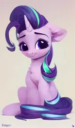 Size: 896x1536 | Tagged: editor needed, safe, derpibooru import, edit, machine learning generated, purplesmart.ai, stable diffusion, starlight glimmer, pony, unicorn, adorable face, chest fluff, cute, ear fluff, eyebrows, female, fluffy, glimmerbetes, gradient background, horn, image, looking at you, looking back, mare, png, simple background, sitting, smiling, smiling at you, solo, tail