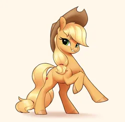 Size: 2964x2910 | Tagged: safe, artist:aquaticvibes, derpibooru import, applejack, earth pony, pony, applejack's hat, cowboy hat, female, grin, hat, high res, image, looking at you, mare, png, raised hoof, rearing, simple background, smiling, smiling at you, solo