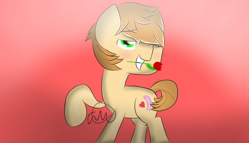 Size: 1735x1000 | Tagged: safe, artist:girlduog, derpibooru import, feather bangs, earth pony, pony, blushing, flower, flower in mouth, image, looking at you, male, mouth hold, one eye closed, png, raised hoof, smiling, solo, wink, winking at you