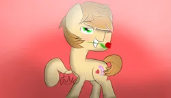 Size: 1735x1000 | Tagged: safe, artist:girlduog, derpibooru import, feather bangs, earth pony, pony, blushing, flower, flower in mouth, image, looking at you, male, mouth hold, one eye closed, png, raised hoof, smiling, solo, wink, winking at you