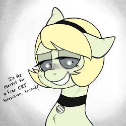 Size: 2000x2000 | Tagged: safe, artist:mclovin, derpibooru import, oc, oc:tilly vision, earth pony, pony, collar, female, headband, image, lidded eyes, looking at you, mare, png, smiling, smiling at you, static, text