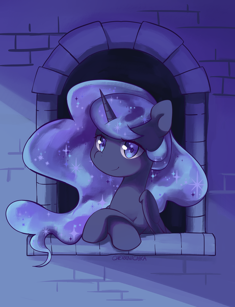 Size: 1696x2207 | Tagged: safe, artist:cherrnichka, derpibooru import, princess luna, alicorn, pony, female, image, looking at you, mare, night, png, solo, window