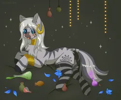 Size: 1998x1644 | Tagged: safe, artist:belkaart0w0, derpibooru import, zecora, zebra, :p, alternate hairstyle, blushing, chest fluff, clothes, cute, ear piercing, earring, female, image, jewelry, neck rings, piercing, png, poison joke, potion, socks, solo, striped socks, tongue out, zecorable