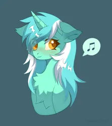 Size: 1566x1767 | Tagged: safe, artist:belkaart0w0, derpibooru import, lyra heartstrings, pony, unicorn, blue background, blushing, chest fluff, cute, female, image, lyrabetes, mare, music notes, png, simple background, solo, speech bubble