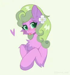 Size: 1493x1605 | Tagged: safe, artist:belkaart0w0, derpibooru import, daisy, flower wishes, gloriosa daisy, earth pony, pony, :p, bedroom eyes, blushing, chest fluff, cute, daisybetes, female, flower, flower in hair, green background, heart, image, mare, png, simple background, solo, tongue out