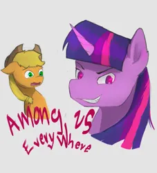 Size: 618x680 | Tagged: safe, artist:dastradraw, derpibooru import, applejack, twilight sparkle, twilight sparkle (alicorn), alicorn, earth pony, pony, unicorn, amogus eyes, among us, duo, female, gray background, image, jpeg, mare, meme, simple background, teary eyes