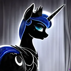 Size: 1024x1024 | Tagged: editor needed, safe, derpibooru import, edit, machine learning generated, purplesmart.ai, stable diffusion, princess luna, alicorn, pony, black coat, crown, cutie mark, female, folded wings, from behind, horn, image, jewelry, looking at you, looking back, looking back at you, mare, png, regalia, solo, wings