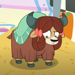 Size: 574x573 | Tagged: safe, derpibooru import, screencap, yona, yak, uprooted, bow, cloven hooves, cropped, female, hair bow, image, looking down, monkey swings, png, raised eyebrow, solo