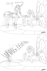 Size: 2000x3000 | Tagged: safe, artist:notsosmartsmarty, derpibooru import, opaline, alicorn, pony, unicorn, g5, my little pony: make your mark, spoiler:g5, spoiler:my little pony: make your mark, 2 panel comic, black and white, comic, duo, duo female, falling, female, floppy ears, grayscale, image, lever, mare, misty brightdawn, monochrome, png, pull the lever kronk!, raised hoof, raised leg, reference to another series, screaming, simple background, smiling, text, the emperor's new groove, white background, worried