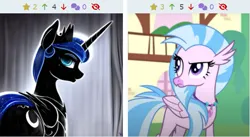 Size: 639x349 | Tagged: safe, derpibooru import, edit, edited screencap, machine learning generated, purplesmart.ai, screencap, stable diffusion, princess luna, silverstream, alicorn, classical hippogriff, hippogriff, pony, derpibooru, twibooru, uprooted, image, jewelry, juxtaposition, meta, necklace, png, raised eyebrow