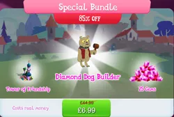 Size: 1270x853 | Tagged: safe, derpibooru import, idw, official, unnamed character, diamond dog, bridge, bundle, bush, choker, clothes, collar, costs real money, dog collar, english, gameloft, gem, hammer, idw showified, image, jpeg, male, pocket, sale, solo, solo focus, text, tower, vest, yellow eyes