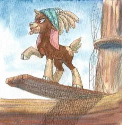 Size: 1280x1307 | Tagged: safe, artist:tigra0118, derpibooru import, goat, them's fightin' herds, colored pencil drawing, community related, female, image, jpeg, mast, pirate, pirate ship, plank, raised hoof, shanty (tfh), ship, sky, solo, traditional art, watercolor painting