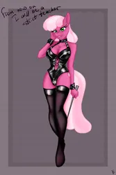 Size: 800x1200 | Tagged: suggestive, artist:furryfantan, derpibooru import, cheerilee, anthro, earth pony, unguligrade anthro, bdsm, black underwear, bondage, boots, bracelet, breasts, choker, cleavage, clothes, corset, cuffs, cutie mark, dominatrix, female, fetish, full body, green eyes, hand on cheek, image, jewelry, jpeg, leather, leotard, shoes, signed, simple background, smiling, socks, solo, solo female, stockings, teacher, thigh boots, thigh highs, underwear, writing, zipper