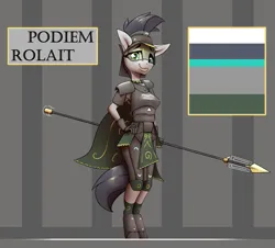 Size: 4401x3972 | Tagged: safe, artist:deafjaeger, derpibooru import, oc, oc:podiem rolait, anthro, armor, concept art, image, looking at you, png, smiling, smiling at you, solo, spear, visor, weapon