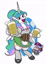 Size: 650x925 | Tagged: safe, artist:jargon scott, derpibooru import, princess celestia, twilight sparkle, alicorn, pony, unicorn, alcohol, beer, beer stein, clothes, dress, drink, drinking, female, filly, filly twilight sparkle, foal, food, hoof hold, image, jpeg, kneesocks, looking at you, mare, meat, oktoberfest, open mouth, open smile, sausage, shoes, simple background, smiling, smiling at you, socks, squatpony, twiggie, unicorn twilight, white background, younger
