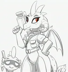 Size: 2609x2788 | Tagged: safe, artist:pabbley, derpibooru import, princess ember, spike, dragon, april o'neil, camera, clothes, cosplay, costume, donatello, dragoness, duo, female, grayscale, hand on hip, high res, image, jpeg, jumpsuit, looking at you, male, mask, monochrome, partial color, simple background, smiling, smiling at you, teenage mutant ninja turtles, white background