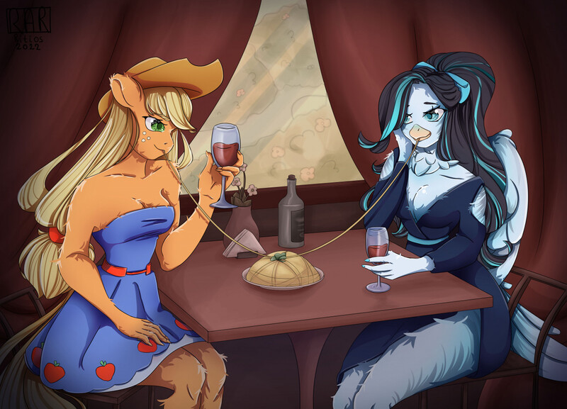 Size: 1280x923 | Tagged: safe, artist:ritios, derpibooru import, applejack, oc, oc:bubi, anthro, bird, earth pony, alcohol, anthro oc, applejack's hat, bottle, breasts, cleavage, clothes, cowboy hat, date, dinner, dress, female, food, glass, hat, image, jpeg, pasta, sitting, spaghetti, table, wine, wine bottle, wine glass