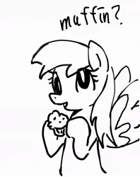 Size: 800x1009 | Tagged: safe, artist:maren, derpibooru import, derpy hooves, pegasus, pony, bipedal, bust, dialogue, doodle, female, food, hoof hold, image, jpeg, mare, muffin, smiling, solo, spread wings, wings