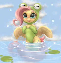Size: 964x1003 | Tagged: safe, artist:inkypuso, derpibooru import, fluttershy, frog, pegasus, pony, animal costume, bipedal, blushing, clothes, costume, cute, daaaaaaaaaaaw, female, frog costume, green swimsuit, image, jpeg, legs in the water, lilypad, looking at you, mare, one-piece swimsuit, open mouth, open smile, shyabetes, smiling, smiling at you, solo, swimsuit